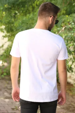 V Yaka Baskılı Erkek T-shirt Beyaz