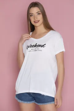 V Yaka Baskılı T-shirt Beyaz