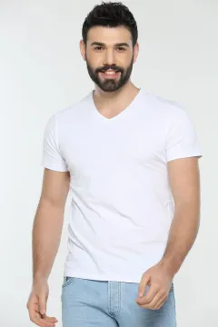 V Yaka Bay Slim Fit T-shirt Beyaz
