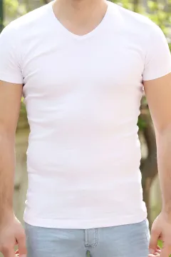 V Yaka Düz Ribanalı Bay T-shirt Beyaz