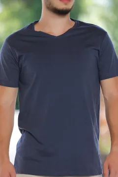 Erkek Likralı V Yaka Basic T-shirt İndigo