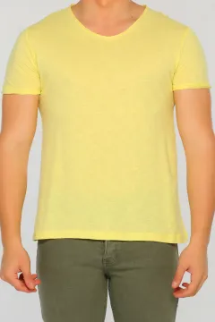 Erkek Likralı V Yaka Flamlı Basıc T-shirt A.sarı