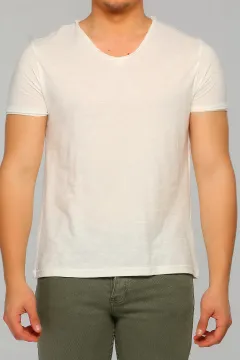 Erkek Likralı V Yaka Flamlı Basıc T-shirt Ekru