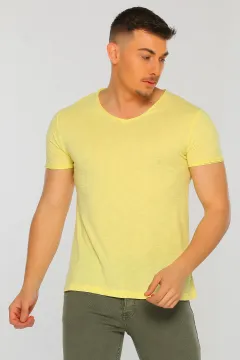 Erkek Likralı V Yaka Flamlı Basıc T-shirt A.sarı
