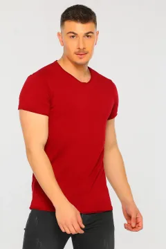 Erkek Likralı V Yaka Regular Fit Basic T-shirt Bordo