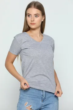 V Yaka Sevgili Kombin Kadın T-shirtrt Gri