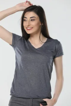 V Yaka Simli T-shirt Füme