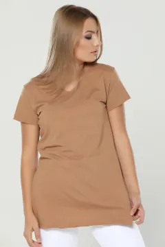 V Yaka Yan Yırtmaçlı T-shirt Camel