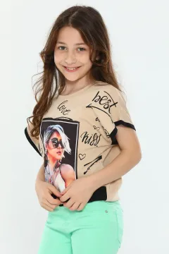 Kız Çocuk Likralı Bisiklet Yaka Bel Detaylı Baskılı T-shirt Vizon