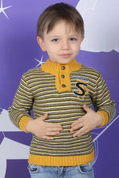 Yaka Düğmeli Erkek Çocuk Triko Kazak Hardal