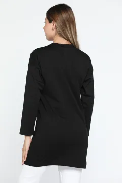 Yaka Ribanalı Etiket Detaylı Uzun Kol Kadın Tunik Siyah