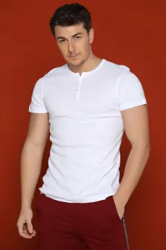 Yakası Düğmeli Erkek T-shirt Beyaz