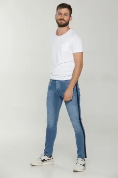 Yan Şeritli Bay Jeans Pantolon Açıkmavi
