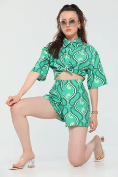 Kadın Desenli Gömlek Yüksek Bel Şort İkili Takım Yeşil