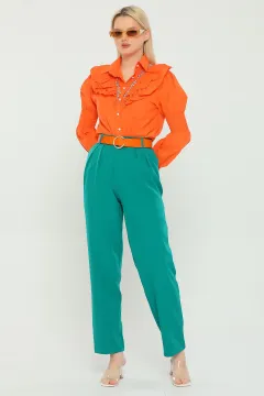 Kadın Ekstra Yüksek Bel Cepli Kumaş Pantolon Yeşil