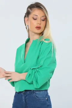 Kadın Hakim Yaka Kol Apoletli Basic Bluz Yeşil