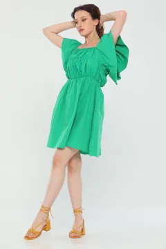 Kadın Kare Yaka Kol Volanlı Yazlık Mini Elbise Yeşil