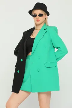 Kadın Kruvaze Yaka Kol Tüylü Uzun Blazer Ceket Yeşil
