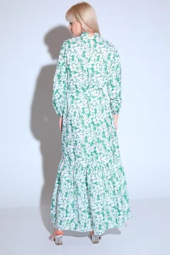 Kadın Modest Eteği Katlı Kol Lastikli Desenli Yazlık Tesettür Elbise Yeşil