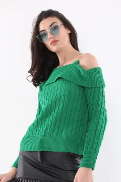 Kadın Omuz Dekolteli Zincirli Triko Bluz Yeşil