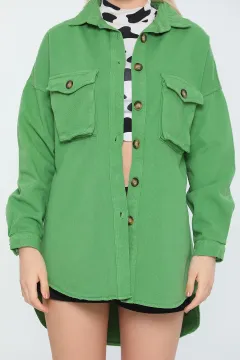 Kadın Oversize Cepli Boyfriend Jean Ceket Yeşil