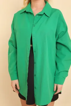Kadın Oversıze Uzun Basic Gömlek Yeşil