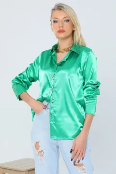 Kadın Retro Hafif Dökümlü Saten Gömlek Yeşil