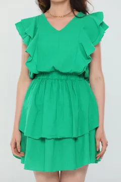 Kadın V Yaka Fırfırlı Eteği Katlı Yazlık Mini Elbise Yeşil