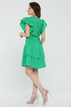 Kadın V Yaka Kol Volanlı Eteği Katlı Yazlık Mini Elbise Yeşil
