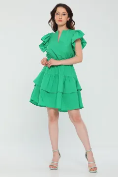 Kadın V Yaka Kol Volanlı Eteği Katlı Yazlık Mini Elbise Yeşil