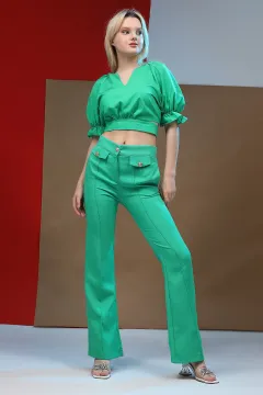 Kadın Yüksek Bel Ön Çimalı İspanyol Paça Pantolon Yeşil