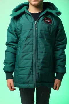 Kapüşonlu Fermuarlı İçi Polarlı Erkek Çocuk Mont Yeşil