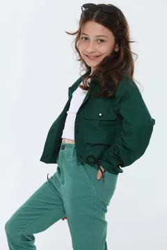 Kız Çocuk Kol Büzgülü Mevsimlik Crop Spor Ceket Yeşil