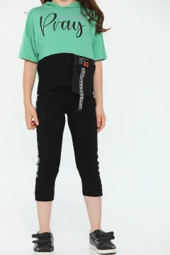 Kız Çocuk Likralı Kapüşonlu Baskılı Cep Detaylı T-shirt Tayt İkili Takım Yeşil
