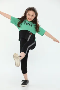 Kız Çocuk Likralı Kapüşonlu Baskılı Cep Detaylı T-shirt Tayt İkili Takım Yeşil