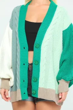 Kadın Oversize Renk Bloklu Triko Hırka Yeşil Mint