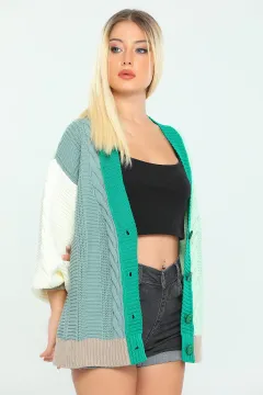 Kadın Oversize Renk Bloklu Triko Hırka Yeşil Mint
