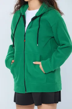 Kadın Sevgili Kombini Kapüşonlu Fermuarlı Polar Sweatshirt Yeşil