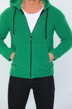 Erkek Likralı Sevgili Kombini Kapüşonlu Polar Sweatshirt Yeşil