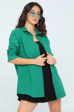 Kadın Oversize Terikoton Uzun Basic Gömlek Yeşil