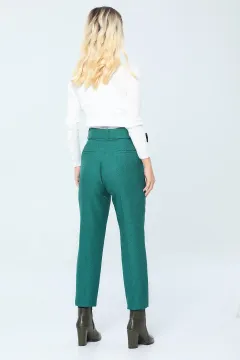 Kadın Yüksek Bel Cepli Kemerli Pantolon Yeşil