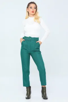 Kadın Yüksek Bel Cepli Kemerli Pantolon Yeşil