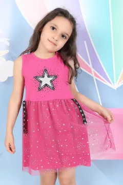 Yıldız Baskılı Kız Çocuk Elbise Fuşya