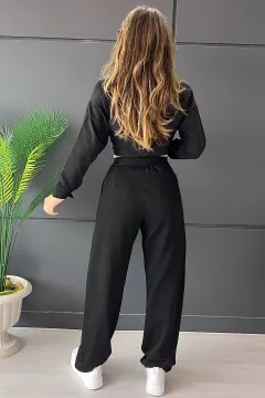 Yüksek Bel Cepli Bel Lastikli Amblem Detaylı Kadın Bol Kesim Pantolon Siyah