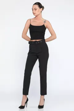 Yüksek Bel Kemer Aksesuarlı Pileli Kadın Kumaş Pantolon Siyah