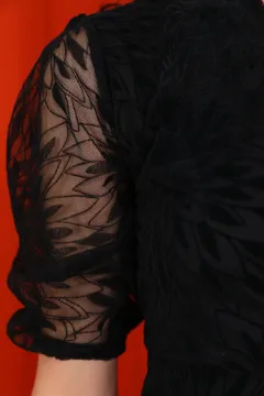 Kadın Yaka Kruvazeli Flok Desenli Abiye Elbise Siyah