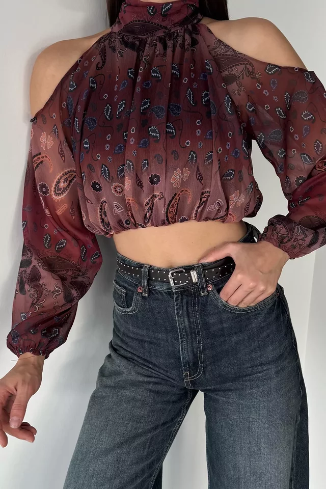 İç Astarlı Omuz Dekolteli Kadın Crop Top Şifon Bluz - 1