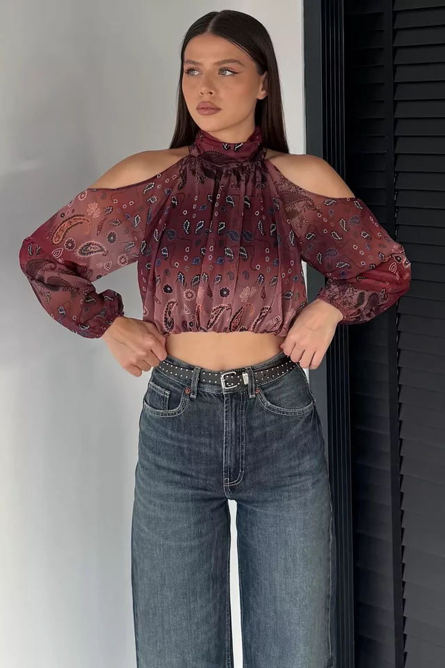 İç Astarlı Omuz Dekolteli Kadın Crop Top Şifon Bluz - 2