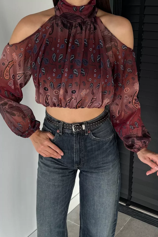 İç Astarlı Omuz Dekolteli Kadın Crop Top Şifon Bluz