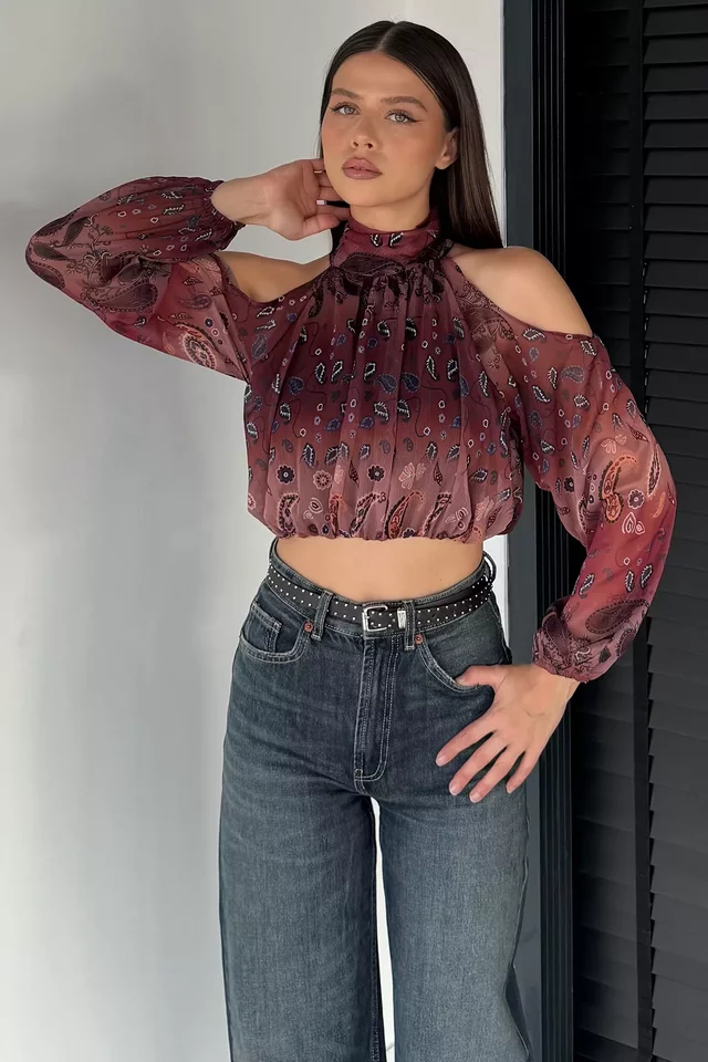 İç Astarlı Omuz Dekolteli Kadın Crop Top Şifon Bluz